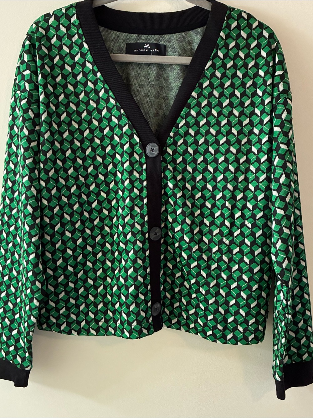 Andrew Marc Sport Green Geometric Button Cardigan with Black Trim